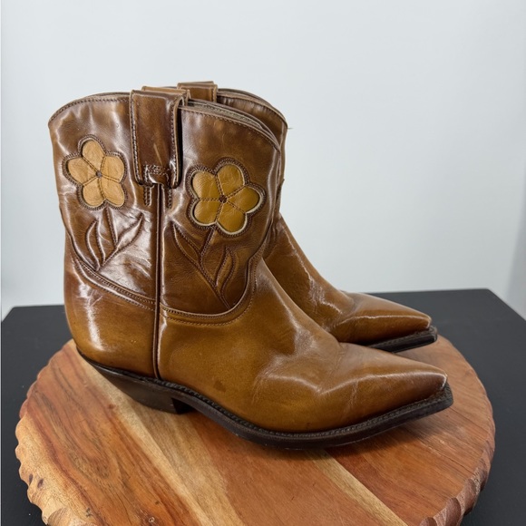 Vintage Shoes - vintage flower inlay ankle western boots brown leather short cowgirl boho sz 7.5